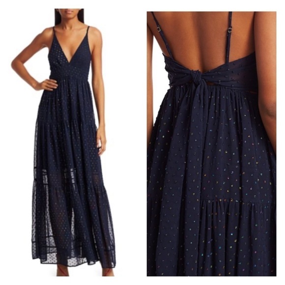 NWT LE SUPERBE Starry Night Navy Blue Metallic Chiffon Tie Back Maxi Gown Size 6 - Picture 1 of 14